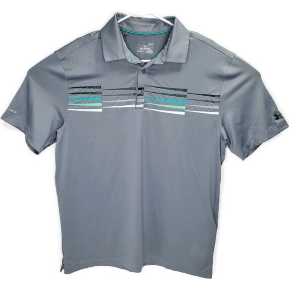 Under Armour HeatGear ColdBlack Polo Shirt Gray Striped Mens Large Golf Top